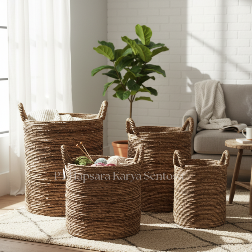 Handwoven Basket Banana Bark with Iron Frame Boho Decoration