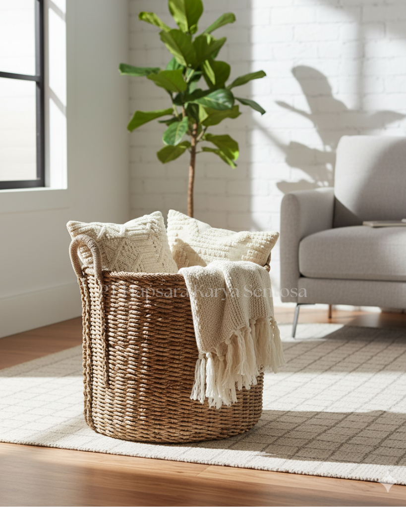 Handwoven Water Hyacinth Basket with Handles Eco-Friendly Natural Storage Organizer Eco-friendly handwoven water hyacinth basket with handles. Durable, stylish, and perfect for storage, laundry, toys, or as rustic natural home decor
