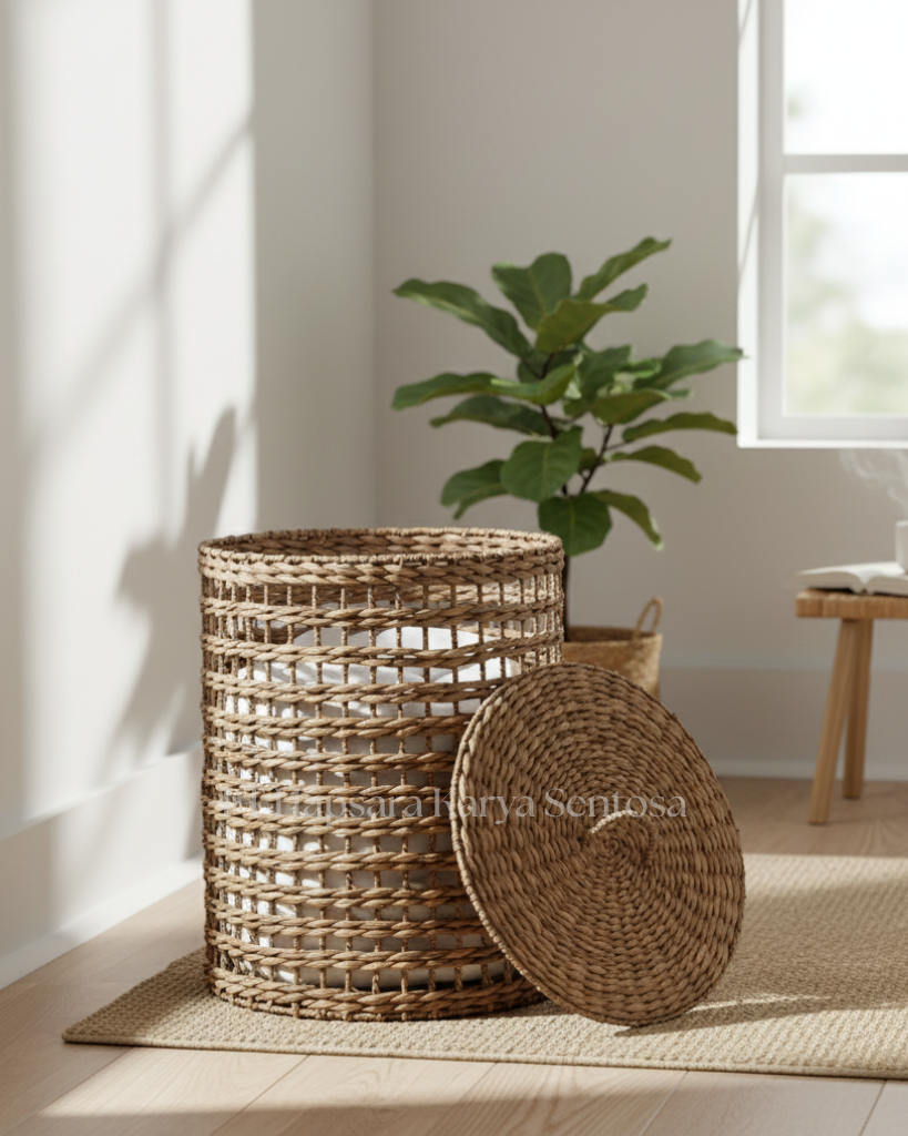 Handwoven Water Hyacinth Storage Basket with Iron Frame  Woven Water Hyacinth Hamper with Metal Iron Structure  Natural Fiber Organizer Basket with Handles