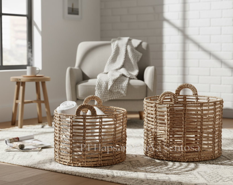 Handwoven Water Hyacinth Storage Basket with Iron Frame  Natural Woven Seagrass & Water Hyacinth Basket Set  Boho Farmhouse Laundry Hamper & Storage Basket