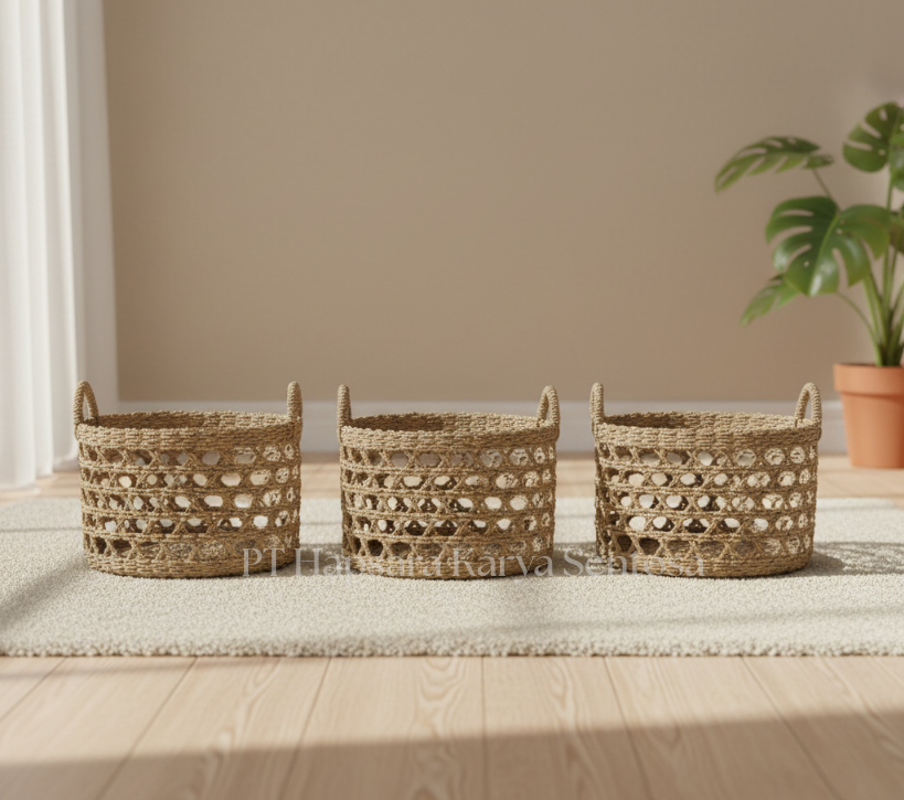 Handmade Seagrass Storage Basket – Natural Woven Organizer with Handles