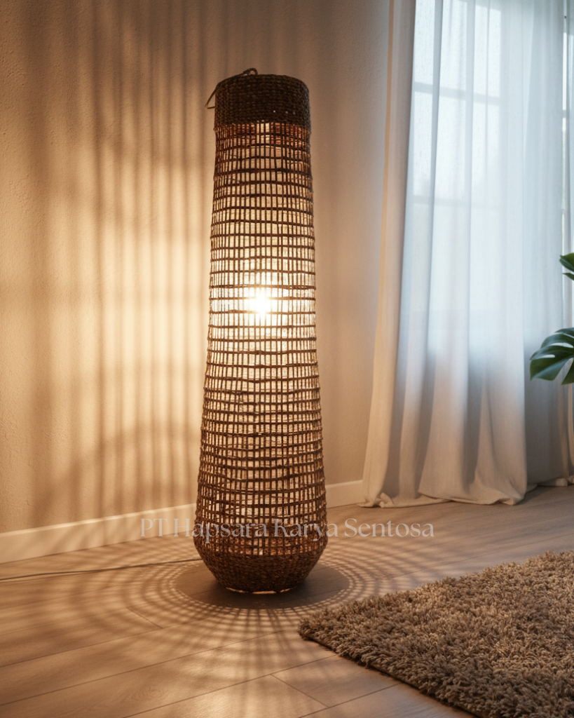 Handwoven Water Hyacinth Standing Lamp with Iron Frame  Eco-Friendly Floor Lamp water hyacinth floor lamp, ecofriendly standing lamp, natural woven lamp with iron frame, rustic handwoven lighting, sustainable home decor, artisan standing lamp