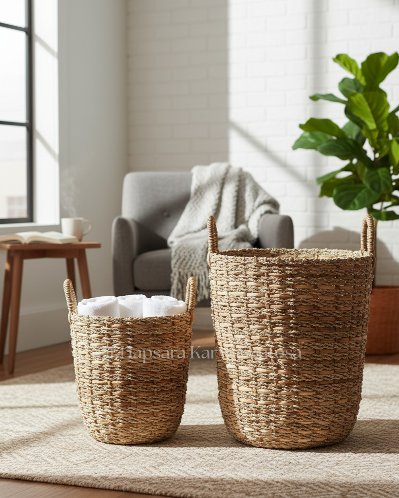 Handwoven Water Hyacinth Storage Basket with Iron Frame  Natural Woven Seagrass & Water Hyacinth Basket  Rustic Farmhouse Laundry Hamper